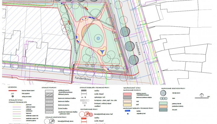 Příprava parčíku na nároží Kostelecké a Fanderlíkovy ulice