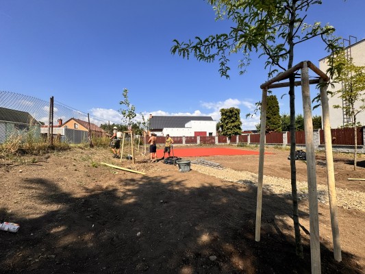 třetí dekáda června 2026 - sázení stromů a dokončování pryžového povrchu
