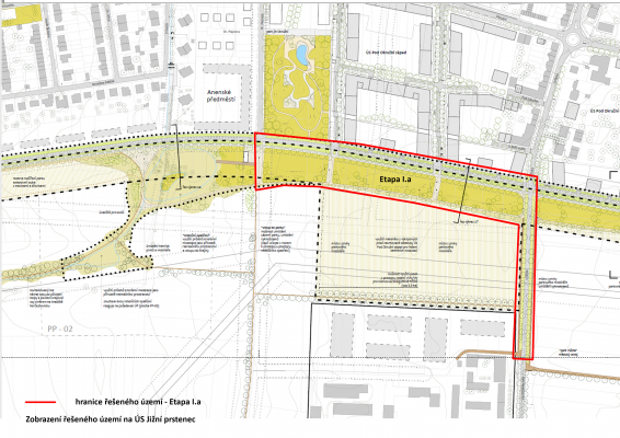 Vymezení řešeného území z územní studie (Jižní prstenec, Gogolák, Grasse, 2019)
